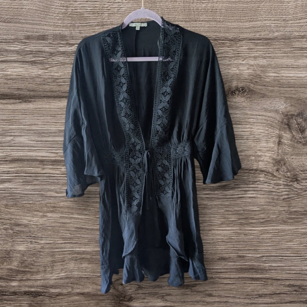 Love Tree Kimono Cover Up Black Embroidered Robe Whimsigoth Sz Medium Swim Beach